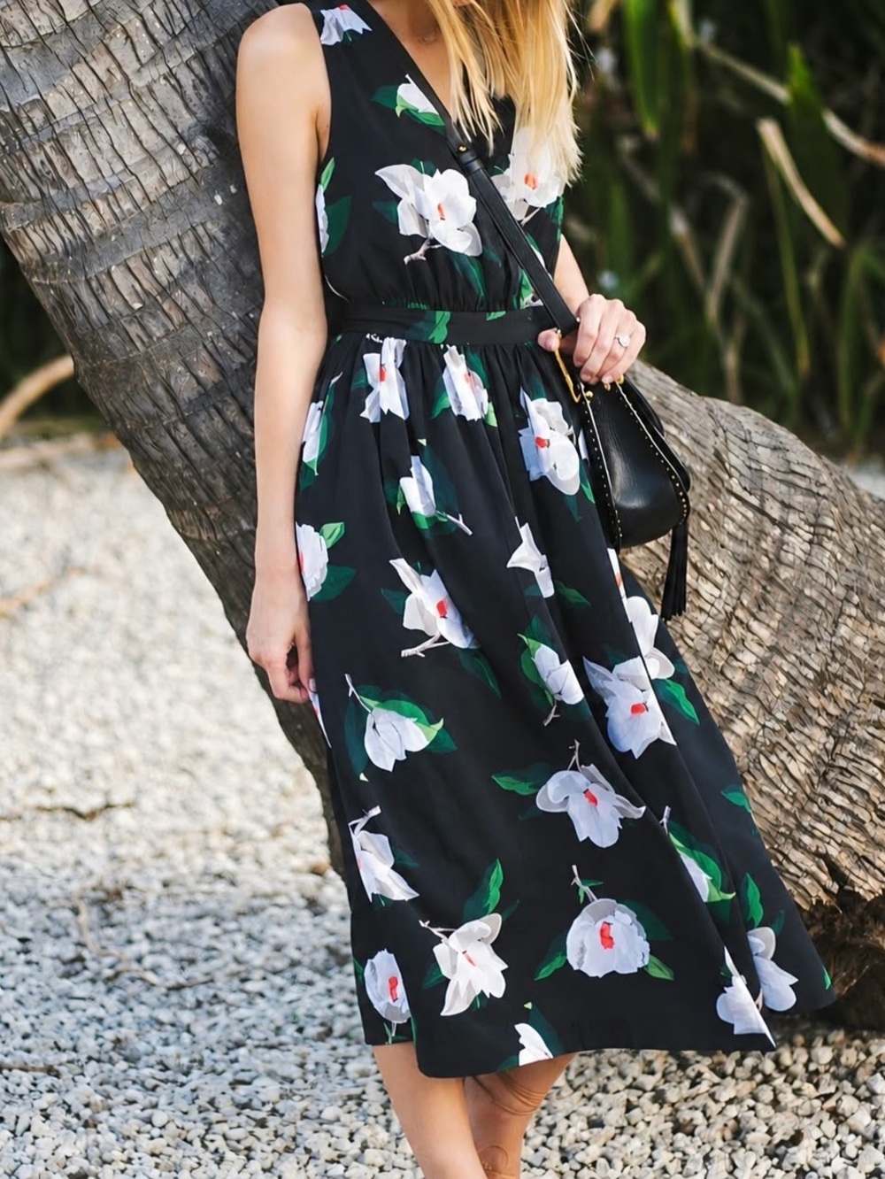 Banana Republic Black Floral Sleeveless Midi Dress with White Flowers